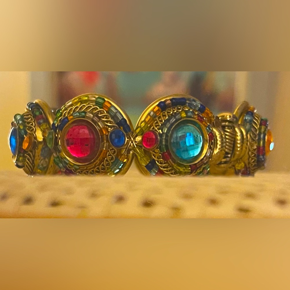 Moroccan Multi Colored Brass Tone Clamp Bracelet